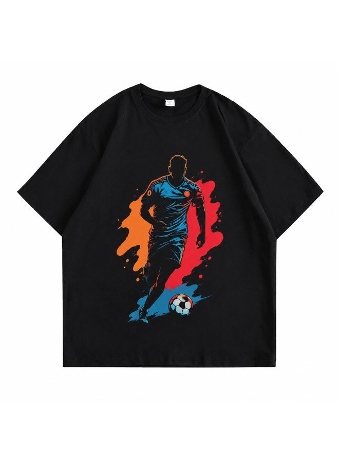 Men's Pure Cotton Short Sleeve T-Shirt with Soccer Player Graphic, Black - Image 1