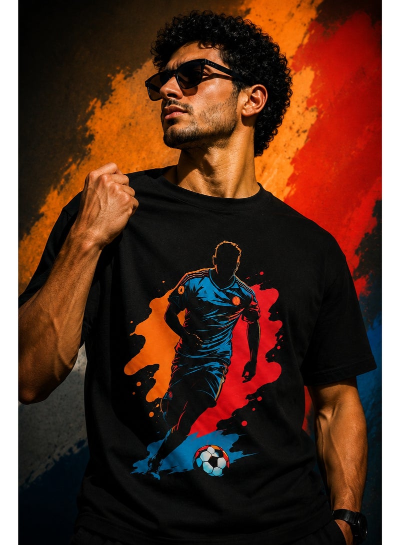 Men's Pure Cotton Short Sleeve T-Shirt with Soccer Player Graphic, Black - Image 4