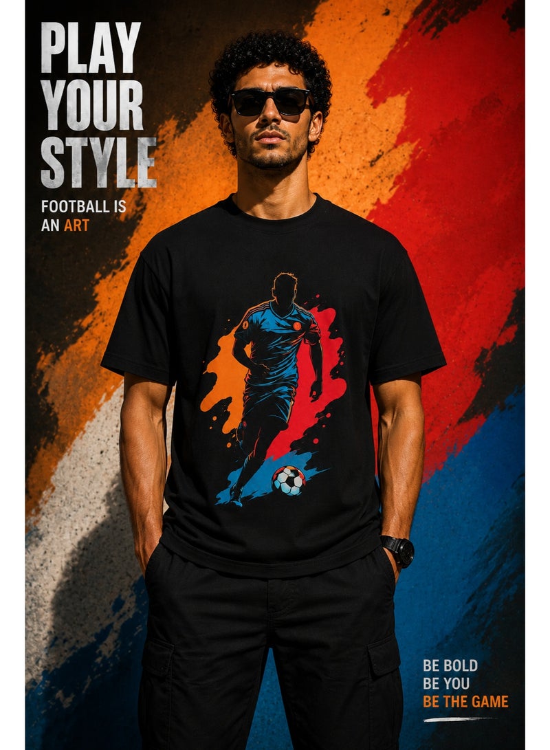 Men's Pure Cotton Short Sleeve T-Shirt with Soccer Player Graphic, Black - Image 3