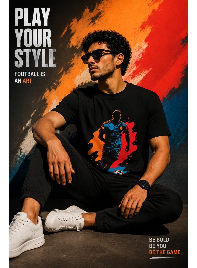 Men's Pure Cotton Short Sleeve T-Shirt with Soccer Player Graphic, Black - Image 2