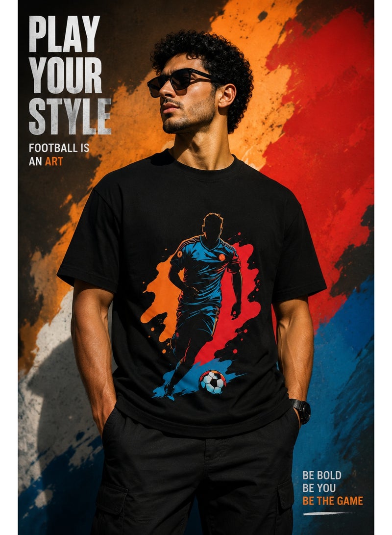Men's Pure Cotton Short Sleeve T-Shirt with Soccer Player Graphic, Black - Image 5