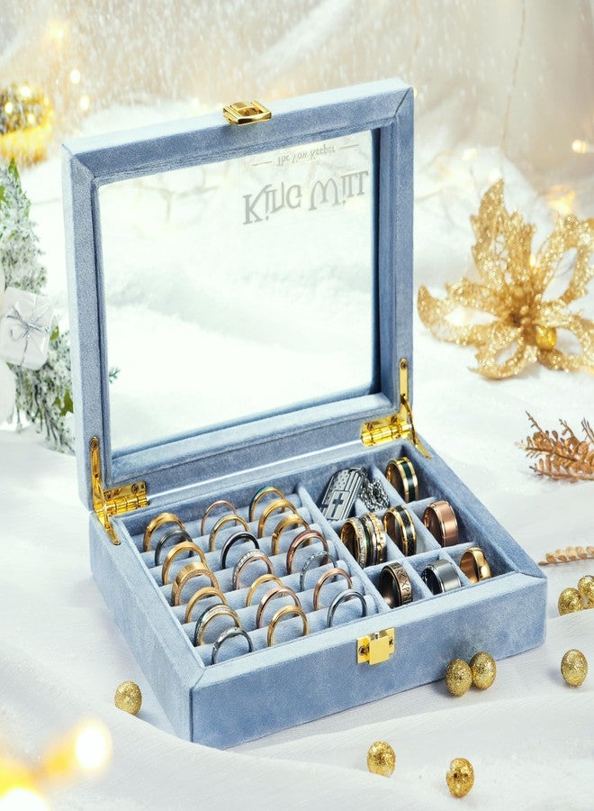 King Will Mens Ring Box Organization Premium Velvet Storage Boxes for Jewelry Rings Unisex Large Capacity with Open Window & Metal Clasp Durable Portable for Home Travel Luxury Gift, Light Blue - Image 1