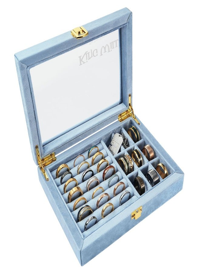 King Will Mens Ring Box Organization Premium Velvet Storage Boxes for Jewelry Rings Unisex Large Capacity with Open Window & Metal Clasp Durable Portable for Home Travel Luxury Gift, Light Blue - Image 2