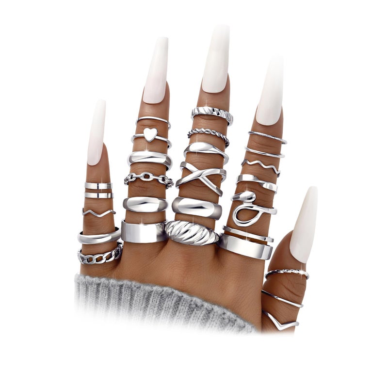 YEEZII 25 Pcs Silver Knuckle Rings for Women Set, Cute Stackable Finger Midi Rings, Dainty Silver Chunky Stacking Womens ring pack - Image 1