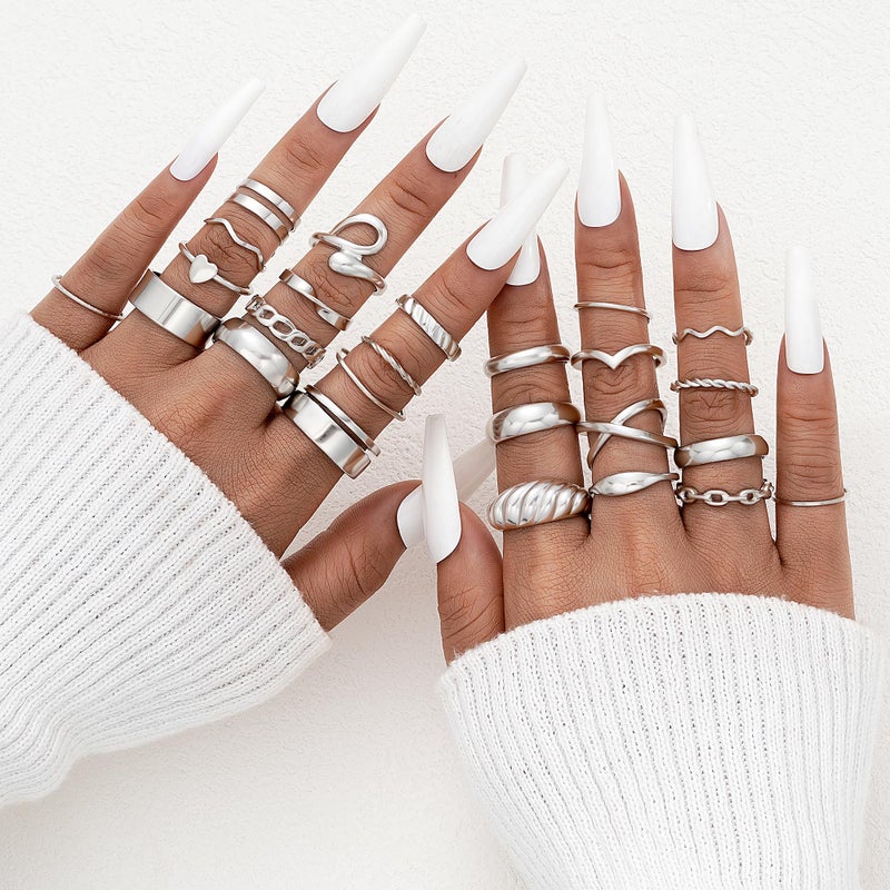 YEEZII 25 Pcs Silver Knuckle Rings for Women Set, Cute Stackable Finger Midi Rings, Dainty Silver Chunky Stacking Womens ring pack - Image 2