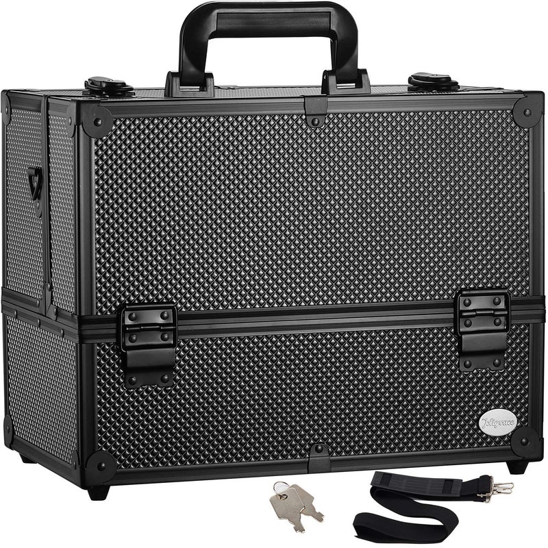 Joligrace Makeup Train Case Professional Adjustable - 6 Trays Cosmetic Cases Makeup Storage Organizer Box with Lock and Compartments 14 Inch Large Black - Image 1