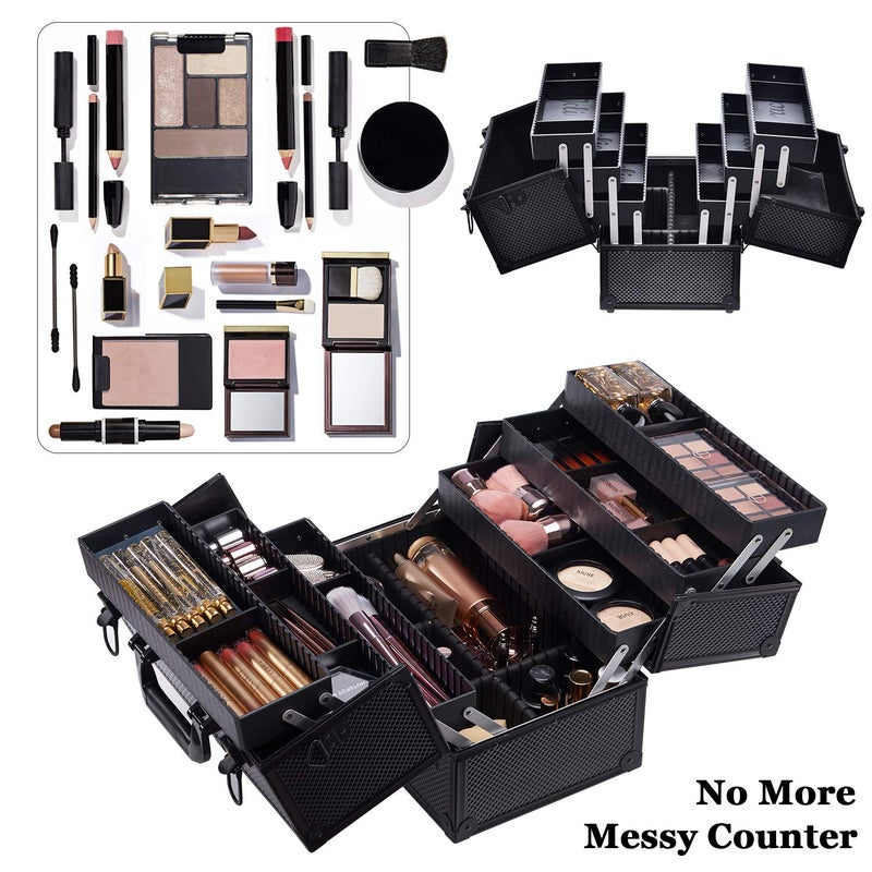 Joligrace Makeup Train Case Professional Adjustable - 6 Trays Cosmetic Cases Makeup Storage Organizer Box with Lock and Compartments 14 Inch Large Black - Image 3