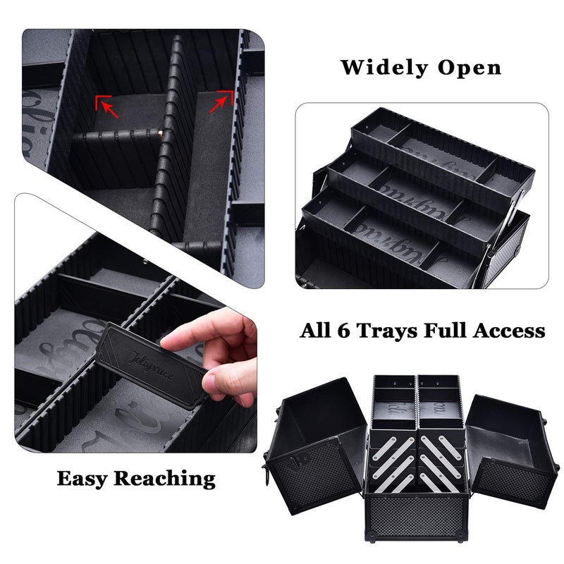 Joligrace Makeup Train Case Professional Adjustable - 6 Trays Cosmetic Cases Makeup Storage Organizer Box with Lock and Compartments 14 Inch Large Black - Image 5