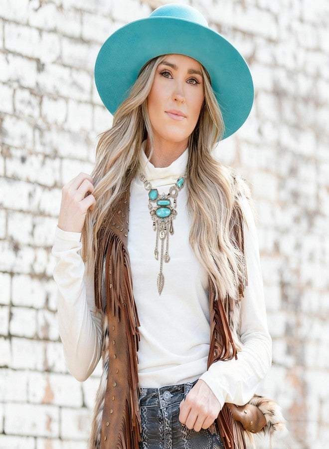 Flyonce Blue Turquoise Long Collar Necklace, Vintage Western Style Ethnic Necklace for Women Silver-Tone - Image 4
