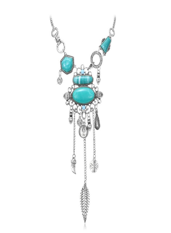 Flyonce Blue Turquoise Long Collar Necklace, Vintage Western Style Ethnic Necklace for Women Silver-Tone - Image 1