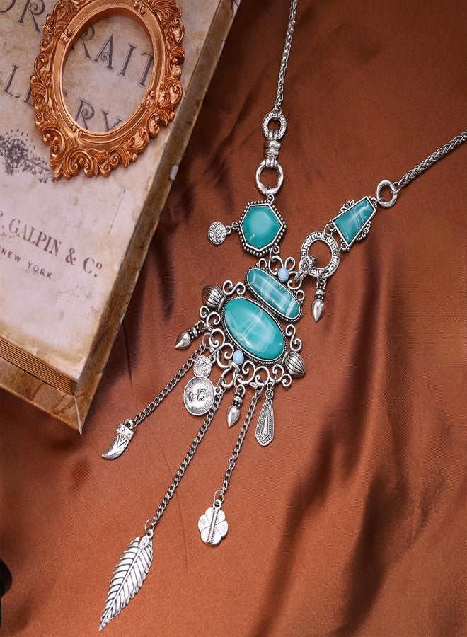 Flyonce Blue Turquoise Long Collar Necklace, Vintage Western Style Ethnic Necklace for Women Silver-Tone - Image 5