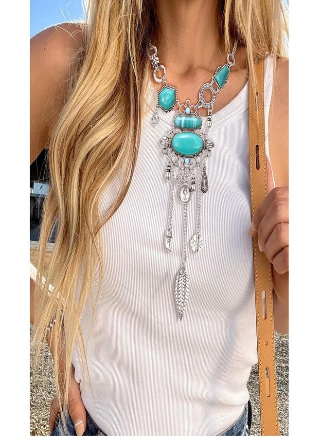 Flyonce Blue Turquoise Long Collar Necklace, Vintage Western Style Ethnic Necklace for Women Silver-Tone - Image 2