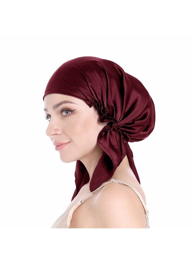 SissiLita 100% Silk Bonnet for Sleeping, Hair Bonnet with Tie Band, Large Silk Sleep Cap for Curly Hair, Silk Hair Wrap for Hair Care Dark Red 