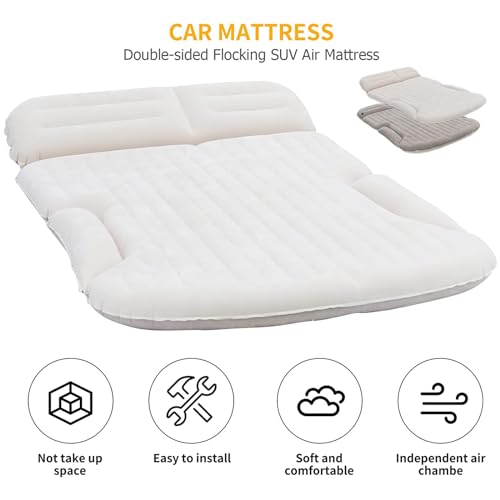 KMZ SUV Air Mattress Thickened and Double-Sided Flocking Travel Camping Bed with 2 Pillows & Pump Dedicated Mobile Cushion Inflatable Bed for SUV Trunk and Rear Seat (Beige and Coffee) - Image 3