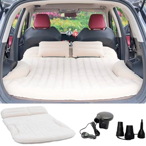 KMZ SUV Air Mattress Thickened and Double-Sided Flocking Travel Camping Bed with 2 Pillows & Pump Dedicated Mobile Cushion Inflatable Bed for SUV Trunk and Rear Seat (Beige and Coffee) - Image 1