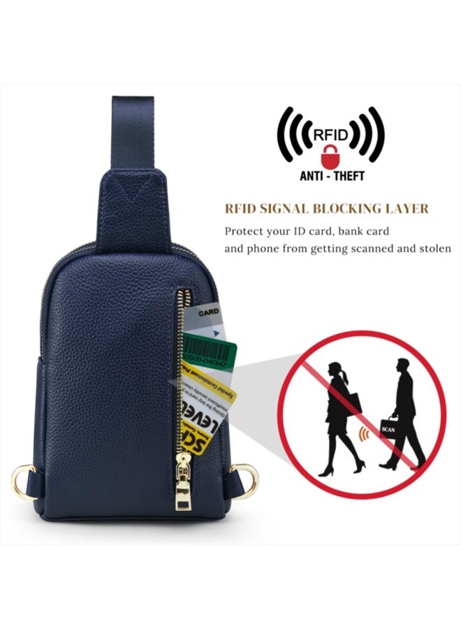 S-ZONE Sling Bag for Women, Genuine Leather Fanny Packs RFID Blocking Crossbody Chest Bags, Gifts for Women Men Navy Blue - Image 4