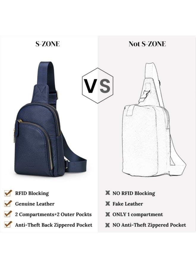 S-ZONE Sling Bag for Women, Genuine Leather Fanny Packs RFID Blocking Crossbody Chest Bags, Gifts for Women Men Navy Blue - Image 5