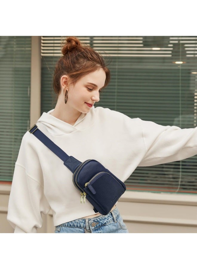 S-ZONE Sling Bag for Women, Genuine Leather Fanny Packs RFID Blocking Crossbody Chest Bags, Gifts for Women Men Navy Blue - Image 2