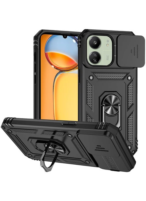 حافظة لهاتف Xiaomi Redmi 13C مع غطاء كاميرا وحامل وحلقة وغطاء واقٍ مضاد للصدمات من الدرجة العسكرية مع حامل مغناطيسي للسيارة (أسود)