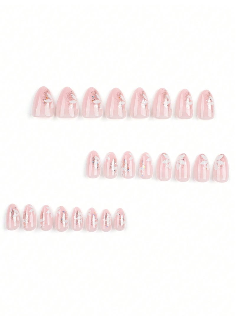 Miamia 24 Pcs Colorful Floral False Nails Blush Pink Nail Clippers Set False Nails for Women and Girls Daily Wear Pink - Image 3