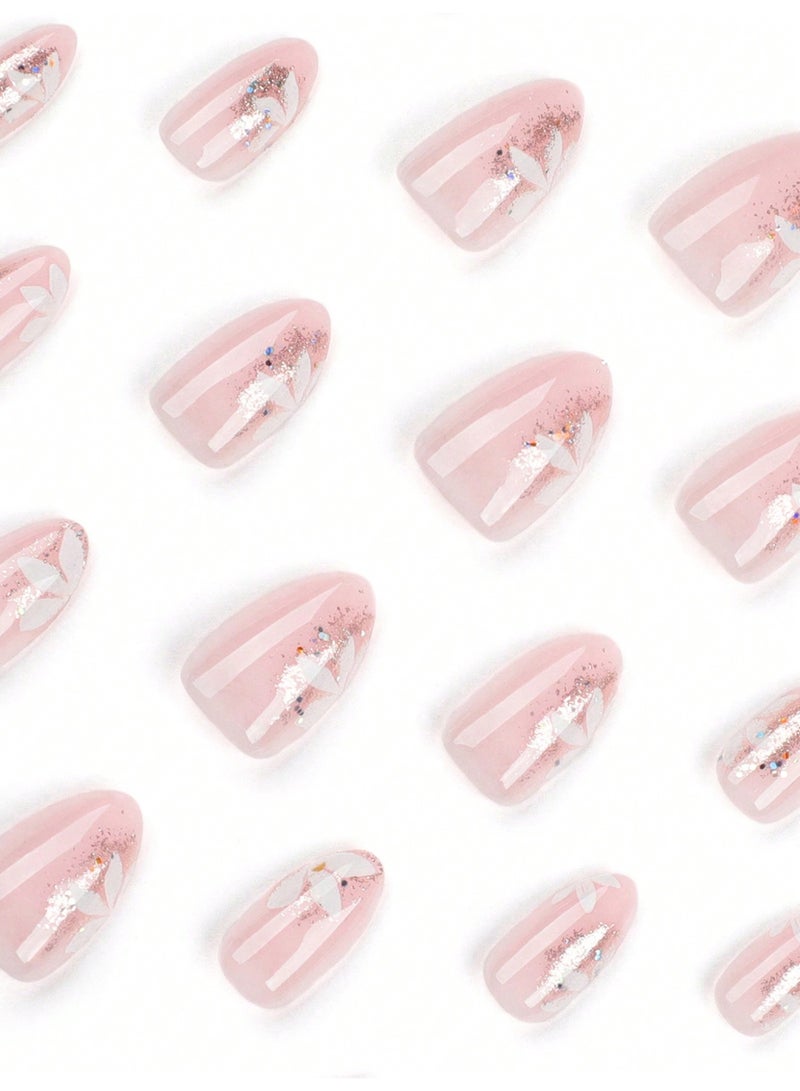 Miamia 24 Pcs Colorful Floral False Nails Blush Pink Nail Clippers Set False Nails for Women and Girls Daily Wear Pink - Image 2