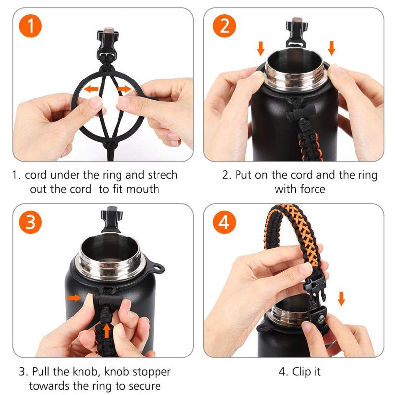 Water Bottle Handle for Hydro Flask and Other Wide Mouth Bottles, Paracord Strap Carrier for 12oz to 64oz Bottle, Bottle Accessories for Hiking - Assembled with Safety Ring and Carabiner - Image 2