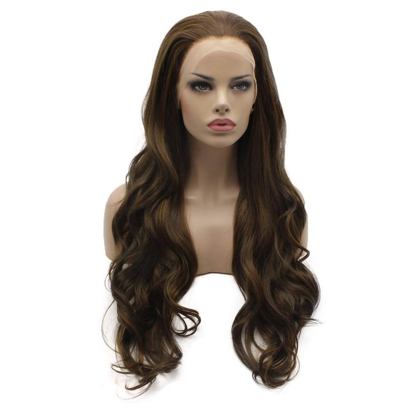 Lushy Lushy Wavy Long 26inch Brown Blonde Mix Wig Full Density Heat Friendly Synthetic Lace Front Wig 
