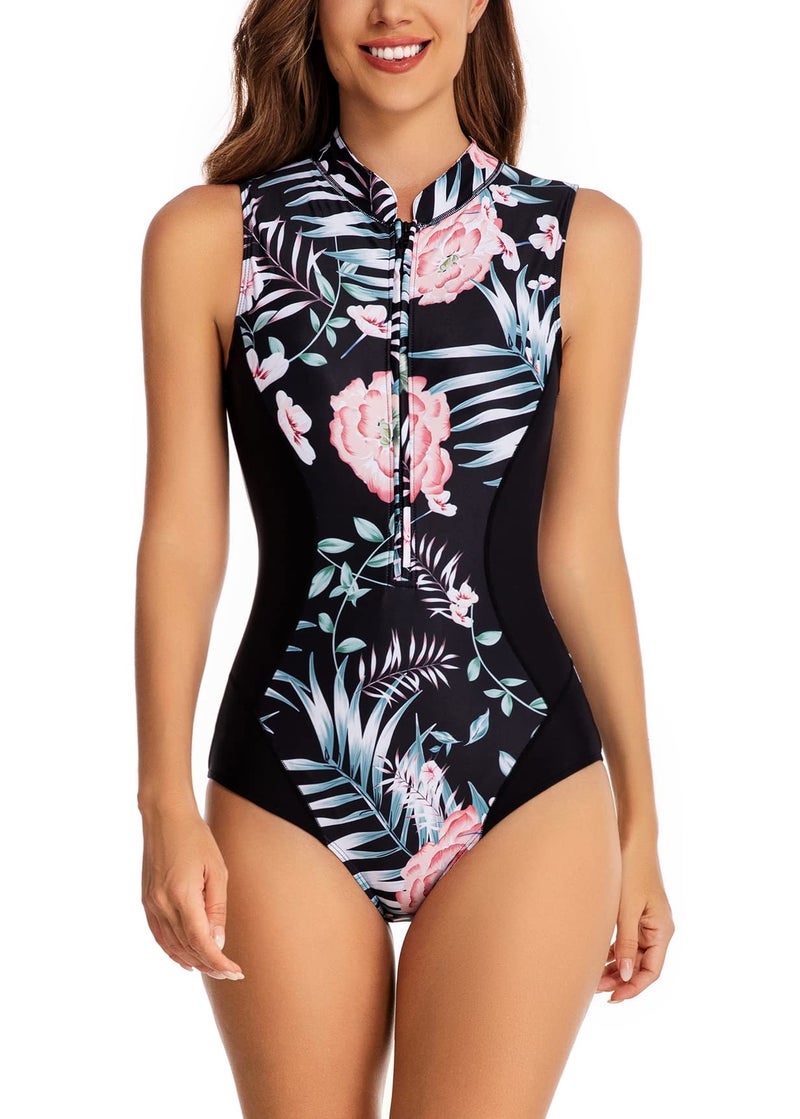 YATEEN Womens Rash Guard Zip Front Sleeveless One Piece Swimsuit - Image 2