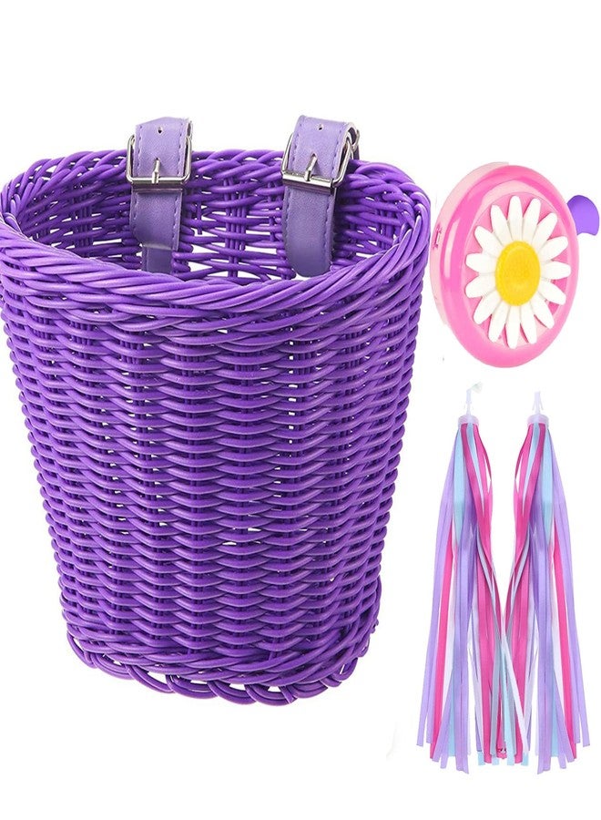 Srutirbo Bike Basket Kid Bicycle Basket Bike Accessories, 1pc Bicycle Bell with Stickers, 1pc Kid Bicycle Front Basket and 1pairs Colorful Ribbons Tassels Decoration for Girl Boy (Purple) - Image 1