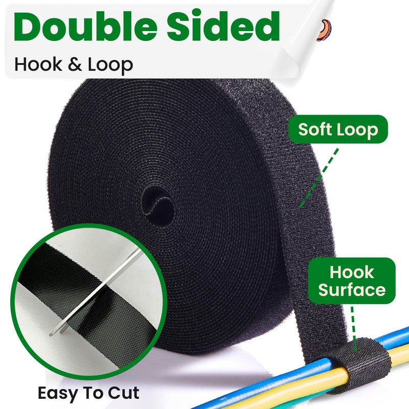ECOHomes 1 Inch x 30 FT Double Sided Hook and Loop Roll Tape | Two Sides, Self Stick, No Adhesive Reusable Cable Ties Wrap for Cable Management, Heavy Duty Extender Straps Long Wire Strips Black - Image 3