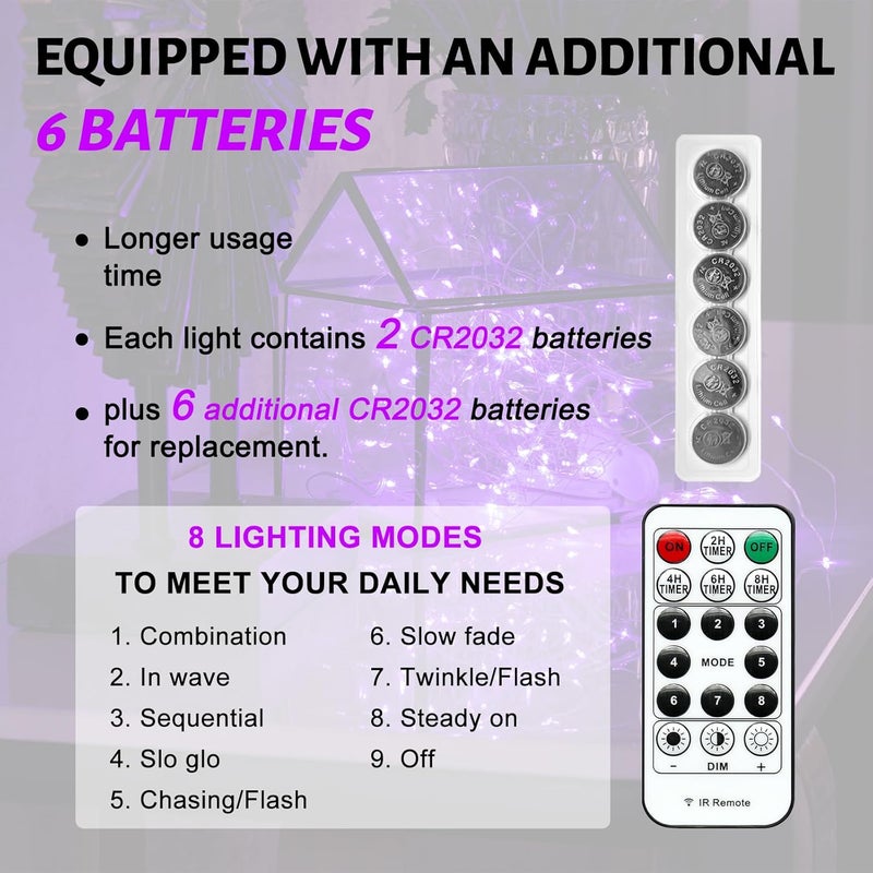 SINAMER 6PCS Purple Fairy Lights Battery Powered with Timer, 7ft 20LEDs Twinkle Mini Lights with Remote,Waterproof Small Silver Wire Firefly Starry for DIY Wedding Party Christmas - Image 2