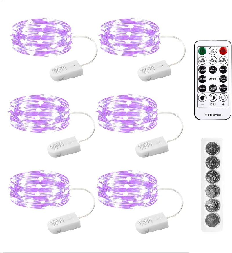 SINAMER 6PCS Purple Fairy Lights Battery Powered with Timer, 7ft 20LEDs Twinkle Mini Lights with Remote,Waterproof Small Silver Wire Firefly Starry for DIY Wedding Party Christmas - Image 1