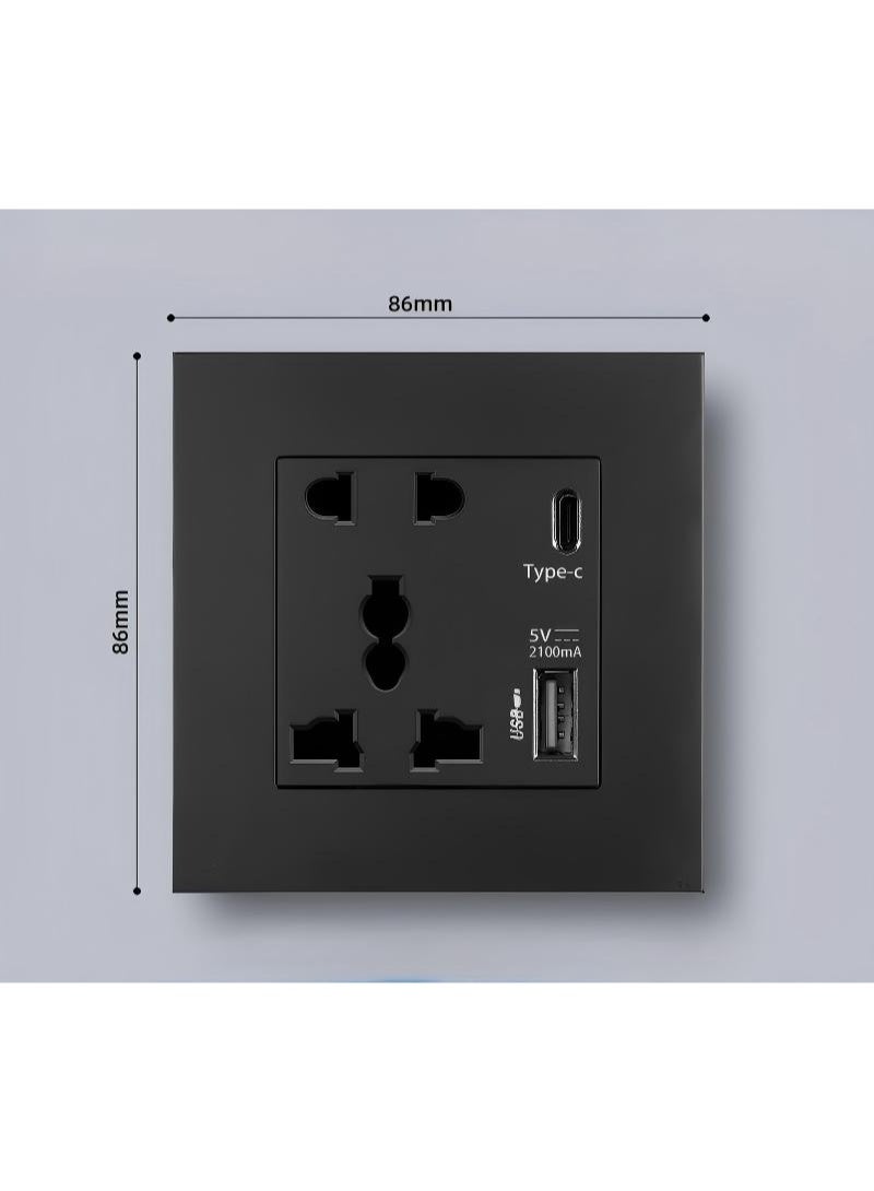 Universal Wall Socket with Type C and USB, QC Charging Electric Power Wall Socket Outlet, For Home and Office, Black - Image 2