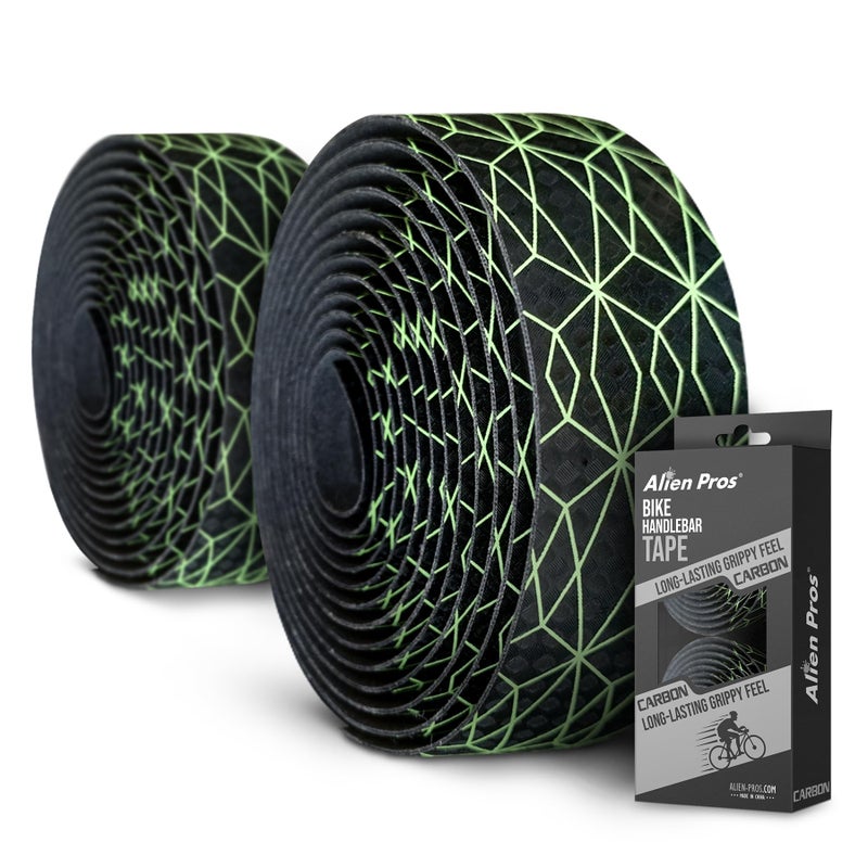 ALIEN PROS Bike Handlebar Tape Carbon Fiber (Set of 2) Black Green - Enhance Your Bike Grip with These Bicycle Handle bar Tape - Wrap Your Bike for an Awesome Comfortable Ride - Image 1