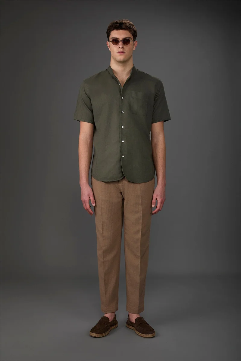 Doppelganger Green Casual men's shirt with mandarin collar, washed linen and cotton fabric - Military for Men | Best Price UAE