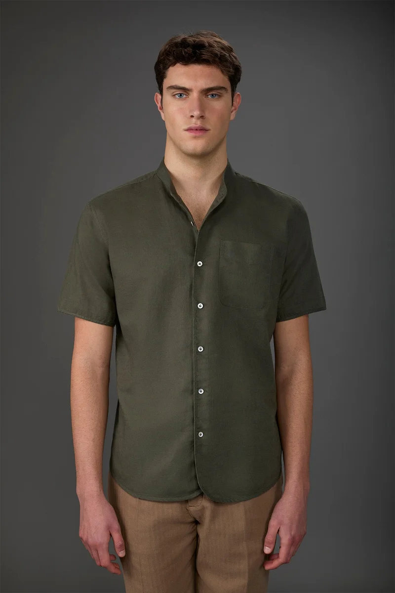 Casual men's shirt with mandarin collar, washed linen and cotton fabric - Military