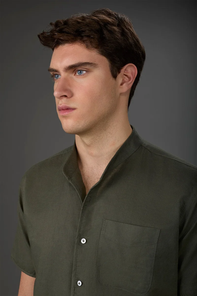 Doppelganger Green Casual men's shirt with mandarin collar, washed linen and cotton fabric - Military for Men | Best Price UAE