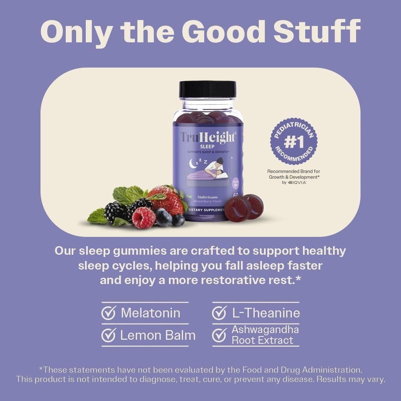 TruHeight Sleep Gummies - Kids & Teen Natural Sleep Aid for Maximum Growth - Pediatric Recommended - Kids Melatonin Gummy - Melatonin, Ashwagandha, L Theanine, Lemon Balm, Ages 5+, Mixed Berry Flavor - Image 3