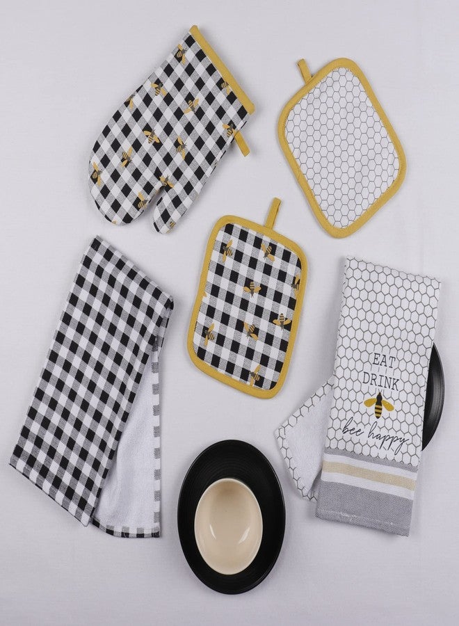 AIRWILL Cotton Kitchen Linen Set of 5 pcs (2 Kitchen Dish Towels, 2 Pot Holders & 1 Oven Mitt)