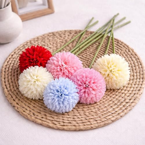 Akaar Decor's Artificial Chrysanthemum Hydrangea Ball Flower Stick for Home Decor, Office, Bedroom, Balcony, Living Room, Deepawali Decoration - Pack of 6 Flowers- Multicolor - Image 2