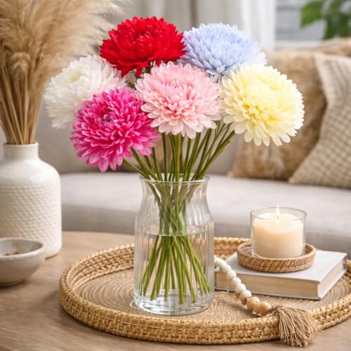 Akaar Decor's Artificial Chrysanthemum Hydrangea Ball Flower Stick for Home Decor, Office, Bedroom, Balcony, Living Room, Deepawali Decoration - Pack of 6 Flowers- Multicolor - Image 1