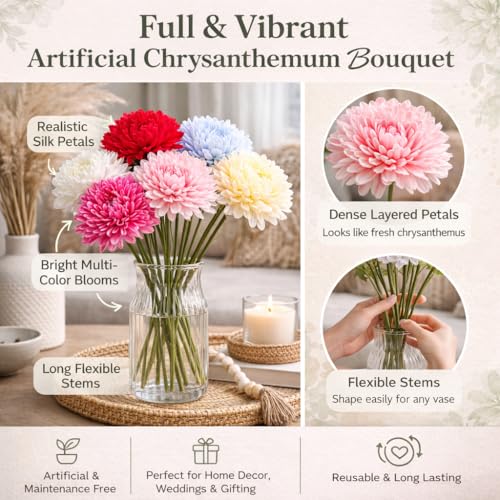 Akaar Decor's Artificial Chrysanthemum Hydrangea Ball Flower Stick for Home Decor, Office, Bedroom, Balcony, Living Room, Deepawali Decoration - Pack of 6 Flowers- Multicolor - Image 4