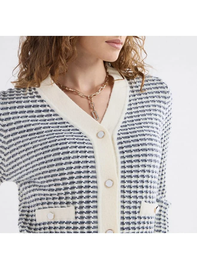 Splash FAV Textured V-neck Cardigan with Long Sleeves and Button Closure
