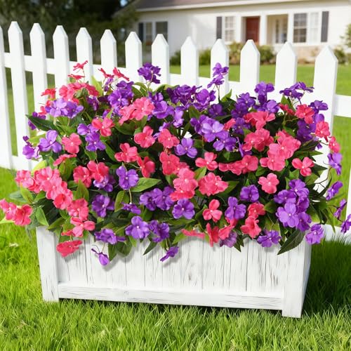 ZFProcess Artificial Impatiens Flowers for Outdoors, 6 Bundles Silk Fake Flowers for Spring Summer Decoration, UV Resistant Faux Plants Plastic Bouquet for Home Planter Porch Patio Yard Decor(Purple Rose Red) - Image 1