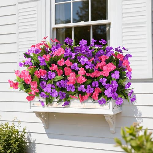 ZFProcess Artificial Impatiens Flowers for Outdoors, 6 Bundles Silk Fake Flowers for Spring Summer Decoration, UV Resistant Faux Plants Plastic Bouquet for Home Planter Porch Patio Yard Decor(Purple Rose Red) - Image 3