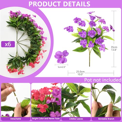 ZFProcess Artificial Impatiens Flowers for Outdoors, 6 Bundles Silk Fake Flowers for Spring Summer Decoration, UV Resistant Faux Plants Plastic Bouquet for Home Planter Porch Patio Yard Decor(Purple Rose Red) - Image 2