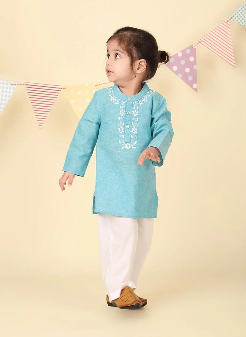 فاب انديا Blue Cotton Chikankari Kurta Set