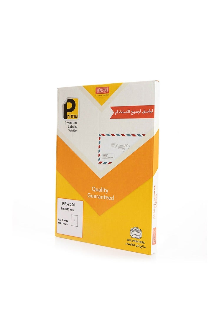 PRIMA A4 White Labels Pack of 100 Sheets | Multi-Purpose 210x297mm Paper Labels for Shipping, Packing & Office Printing, Smooth Thin Texture for Clear Scanning & Laser/Thermal Print - Image 1
