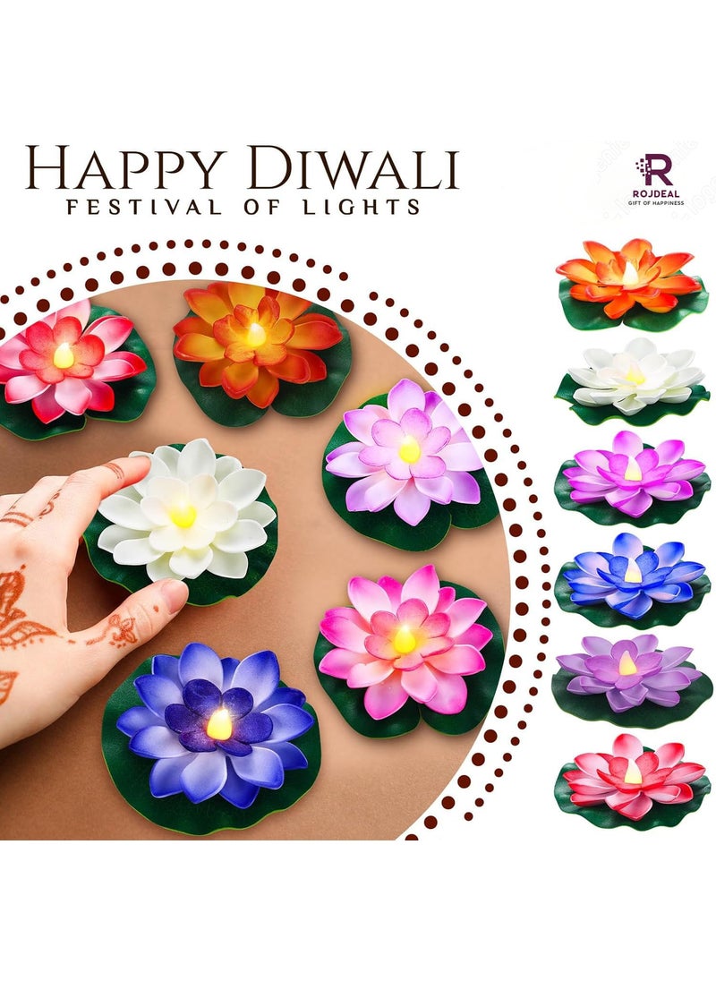 ROJDEAL ROJDEAL 6 Pcs Diwali Lotus Decoration Floating Lotus with Lights Plastic Flower Diwali Artificial Lotus Flowers Sensor Led Tea Light for Diwali Puja Home Outdoor Party Decoration  - Image 2