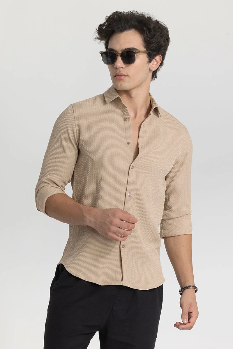 سنيتش Beige Textured Long Sleeve Slim Fit Casual Shirt